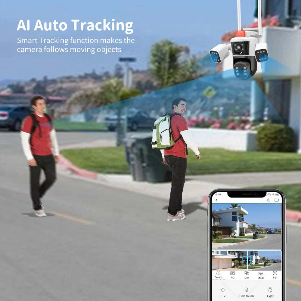 كاميرا الأمان 8K 16MP مع 10X تكبير، 4 عدسات، ثلاث شاشات وكاميرا PTZ ذكية مع تتبع تلقائي